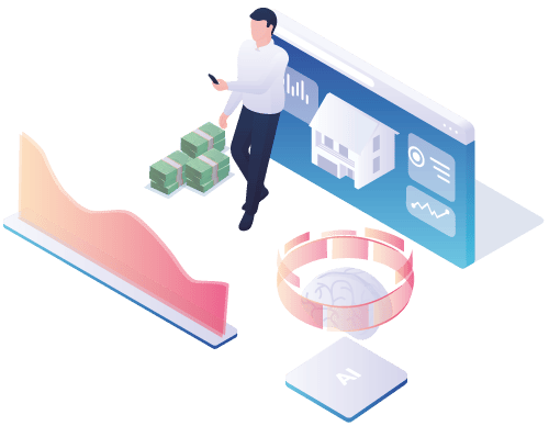 Graphic of a real estate investor using AI rental pricing and revenue management systems for single-family rentals